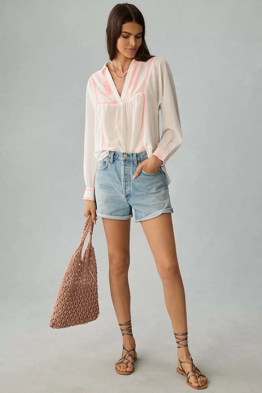 Pilcro Embroidered Peasant Blouse White with Neon Pink Detailing Size XS